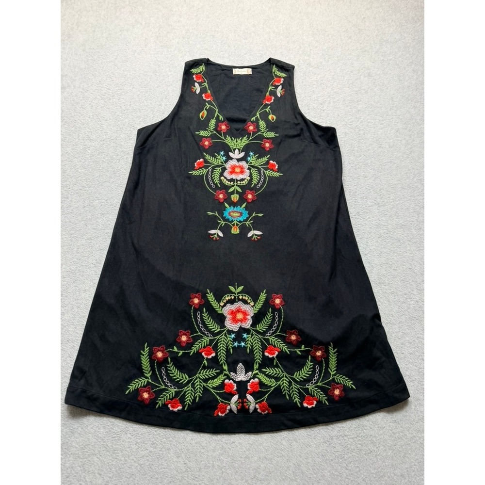 Altar'd State Black Faux Suede Embroidered Floral V-Neck Shift Dress Medium